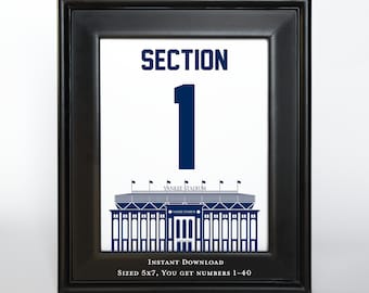 Yankee Stadium Printable Table Numbers 1-40, for Bar Mitzvah Decor or Wedding Reception, 5x7, blue ink, Instant Download