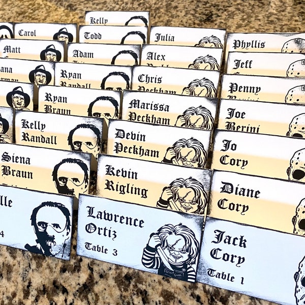 Horror Monsters Printed Place Card with Guest Name and Table for Halloween, Scary Movie, Gothic Wedding or Party, Quick turnaround