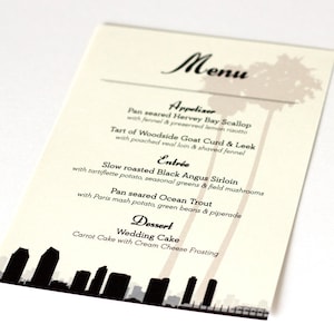 Menú Skyline de San Diego para bodas o eventos, personalizado según sus detalles, elija el archivo imprimible terminado o la opción impresa y enviada