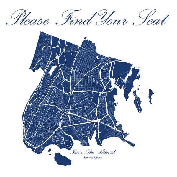 The Bronx Printable Seating Chart with borough map and guests grouped by table. Ink color, font, all text custom. Quick turnaround time.