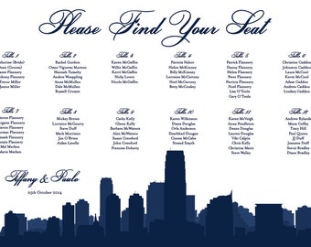 Jersey City Printable Seating Chart for weddings or bar mitzvahs, sent ready to print. Ink color, font, all text custom. Quick turnaround.