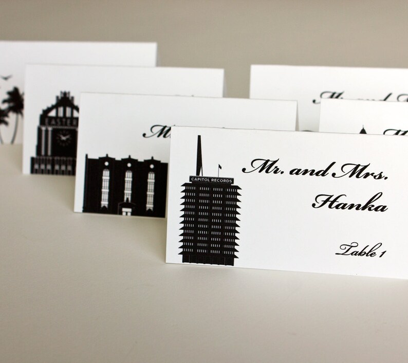 Los Angeles Landmarks Printed Place Card for weddings or parties. Arrive folded and ready to use, choose font and colors. Quick shipping image 2