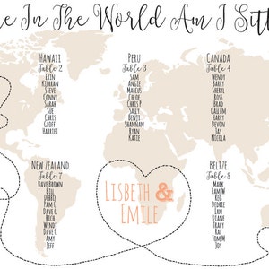 World Map Printable Seating Chart Poster links bridal couple cities, sent ready to print. Ink color, font, text custom. Quick turnaround.