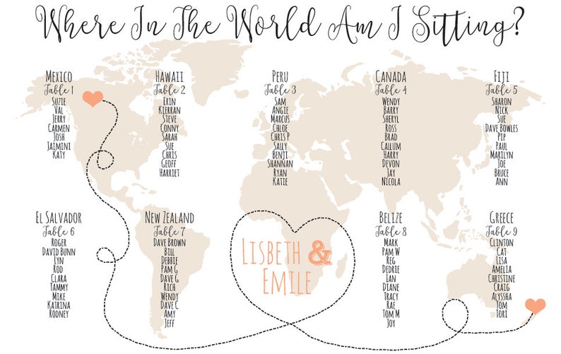 World Map Printable Seating Chart Poster links bridal couple cities, sent ready to print. Ink color, font, text custom. Quick turnaround. image 1