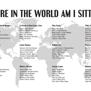 World Map Printable Seating Chart Poster for travel weddings, sent ready to print. Ink color, font, all text custom. Quick turnaround time.