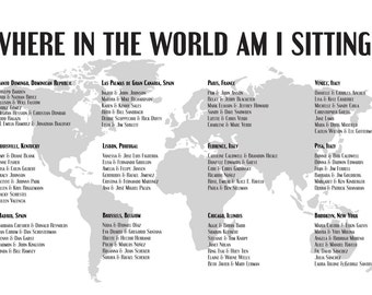 World Map Printable Seating Chart Poster for travel weddings, sent ready to print. Ink color, font, all text custom. Quick turnaround time.