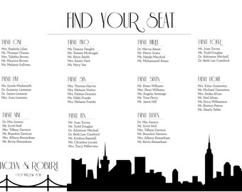 Printable NYC Skyline Seating Chart, sent fully designed and ready to print. Ink color, font, all text custom. Quick turnaround time.