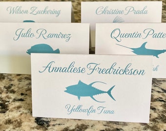 Sealife Place Card, printed with your guest name and table, choose colors, font, animals, arrive folded and ready to use