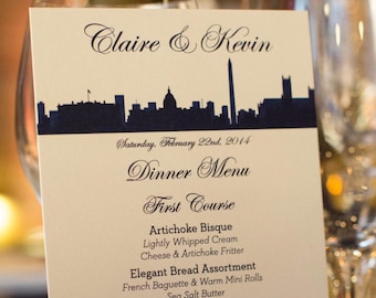 Puede incluir: Una tarjeta de menú de boda con una silueta negra del horizonte de Washington D.C. La tarjeta es beige con texto negro y las palabras "Claire & Kevin" en la parte superior. El menú incluye "Artichoke Bisque", "Elegant Bread Assortment" y "Second Course".