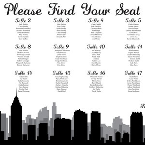 May include: A black and white printable wedding seating chart with a cityscape silhouette at the bottom. The chart lists tables 1 through 18 with guest names for each table. The text at the top reads "Please Find Your Seat". The bottom of the chart reads "Katie & Brad" and "July 26th, 2014".