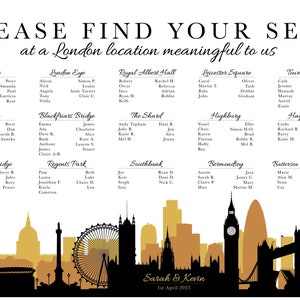 London Printable Seating Plan with city skyline and guests grouped by table. Ink color, font, all text custom. Quick turnaround time.