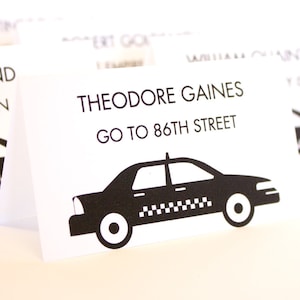Taxi Cab Place Card met gastnaam en tafel, arriveert klaar voor gebruik, gedrukt in uw kleur en gevouwen