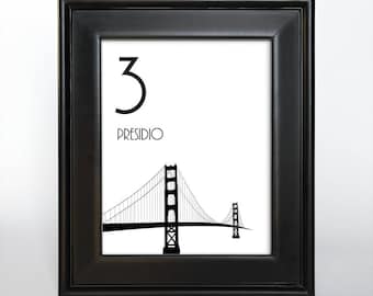 Printable San Francisco Table Number for Wedding Receptions or Parties, choose landmarks, size, font, ink color and landmarks