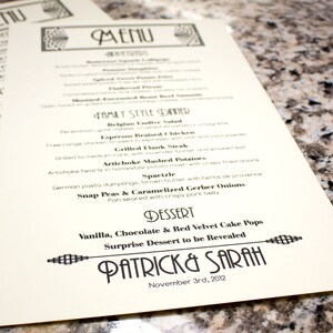 May include: A black and white menu with a decorative border. The menu lists a family-style dinner with dishes such as Belgian Endive Salad, Espresso Braised Chicken, Grilled Flank Steak, Artichoke Mashed Potatoes, Sp&auml;tzle, Snap Peas & Caramelized Gerber Onions, and Vanilla, Chocolate & Red Velvet Cake Pops. The menu is for Patrick & Sarah's wedding on 3rd November 2012.