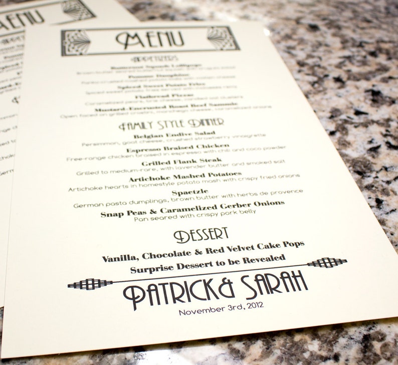 May include: A black and white menu with a decorative border. The menu lists a family-style dinner with dishes such as Belgian Endive Salad, Espresso Braised Chicken, Grilled Flank Steak, Artichoke Mashed Potatoes, Sp&auml;tzle, Snap Peas & Caramelized Gerber Onions, and Vanilla, Chocolate & Red Velvet Cake Pops. The menu is for Patrick & Sarah's wedding on 3rd November 2012.
