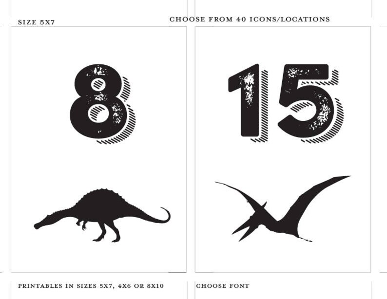 Dinosaur Printable Table Number Bar Mitzvah Wedding Reception Decor Sign Cards 4x6 5x7 or 8x10 Choose Font, Color and Dinosaurs image 5