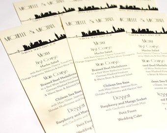 Menú de boda con el horizonte de Nueva York: fuentes y colores personalizados (imprimible o impreso)