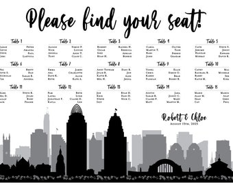 Cincinnati Skyline Printable Seating Chart for weddings, sent ready to print. Ink color, font, all text custom. Quick turnaround.