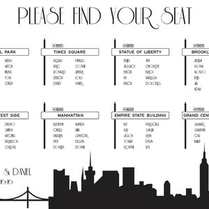 NYC Skyline Printable Seating Chart for weddings, bar mitzvahs. Sent ready to print. Choose ink color, font, text. Quick turnaround.