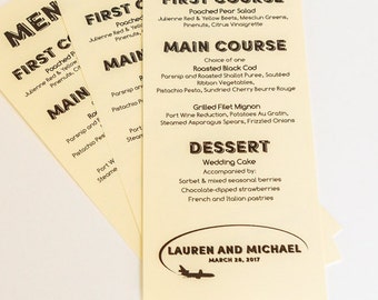 Airplane Menu for Travel Themed Weddings or Events, customized to your details, Choose Finished Printable File or Printed and Shipped Option