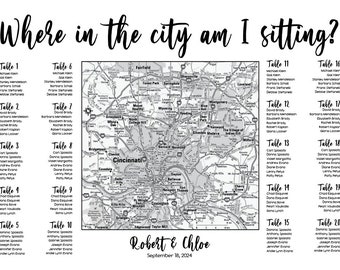 Cincinnati Ohio Map Printable Seating Chart for weddings, sent ready to print. Ink color, font, all text custom. Quick turnaround.