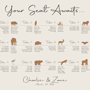 Zoo Animals Printable Seating Chart for weddings, bar mitzvahs, sent ready to print. Ink color, font, all text custom. Quick turnaround.