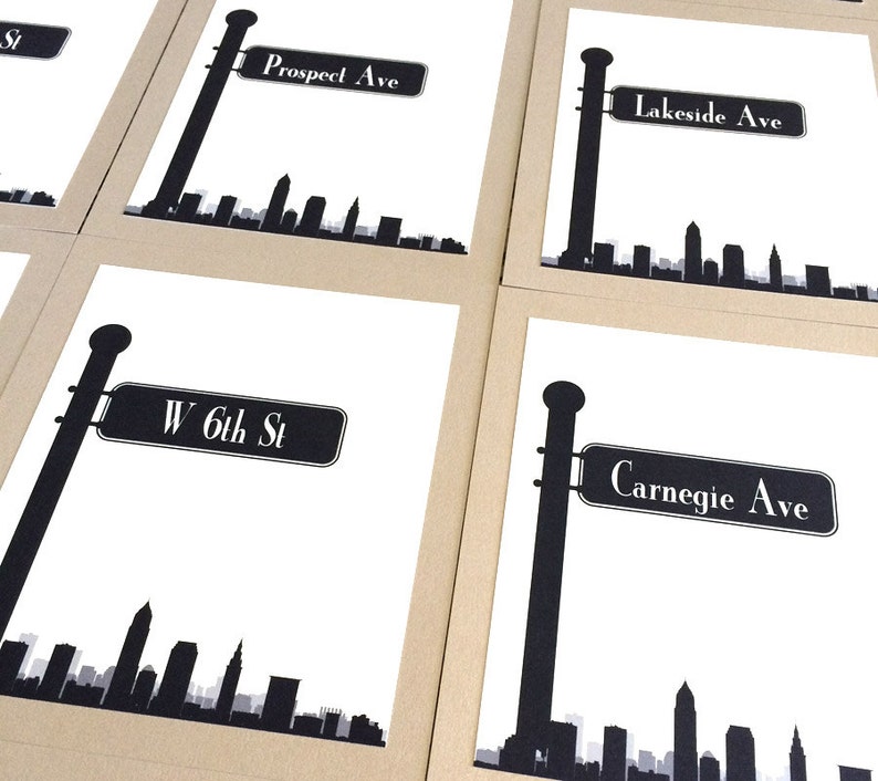 Cleveland Table Number with City Skyline and your choice of Street Signs, choose colors and font, other cities available image 1