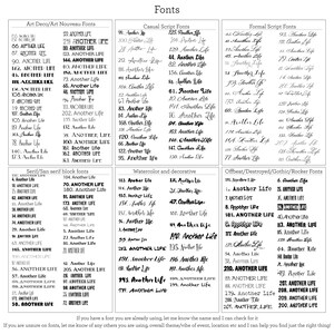 May include: A chart listing different font styles, categorised by style, such as Art Deco, Casual Script, Formal Script, Serif/San Serif, Watercolor, and Offbeat/Destroyed/Gothic/Rocker. Each font style has a list of font names with the text "Another Life" next to each name.