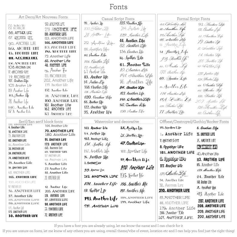 May include: A chart listing different font styles, categorised by style, such as Art Deco, Casual Script, Formal Script, Serif/San Serif, Watercolor, and Offbeat/Destroyed/Gothic/Rocker. Each font style has a list of font names with the text "Another Life" next to each name.