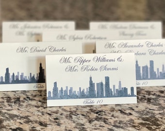 Chicago Skyline Place Card with Guest Names and Table Assignment for Wedding Reception or Party Decor, Fully finished