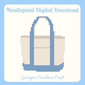 May include: Digital needlepoint pattern of a tote bag in a pixelated style. The bag is white with light blue handles and trim. The text "Needlepoint Digital Download" and "Georgia-Carolina Craft" are displayed in light blue.