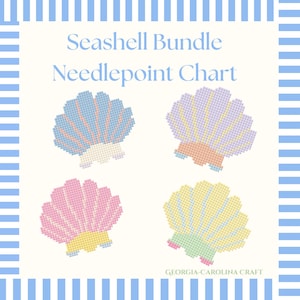 May include: A needlepoint chart titled "Seashell Bundle" featuring four colorful seashell designs. Each shell is rendered in a pixelated style with pastel hues of blue, pink, yellow, and purple. The background is off-white with a blue striped border.