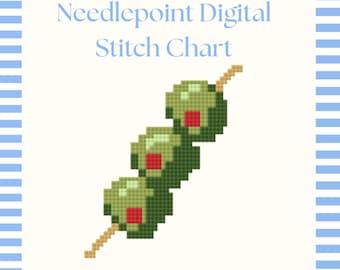 May include: Digital needlepoint stitch chart featuring a pixelated image of three green olives with red centers on a toothpick. The design is set against a cream background with a blue and white striped border. Text reads "Needlepoint Digital Stitch Chart".
