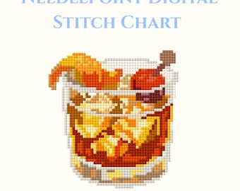 May include: A digital needlepoint stitch chart featuring a pixelated cocktail with orange and cherry garnishes. The drink is in a clear glass, with a light background and the text "Needlepoint Digital Stitch Chart".