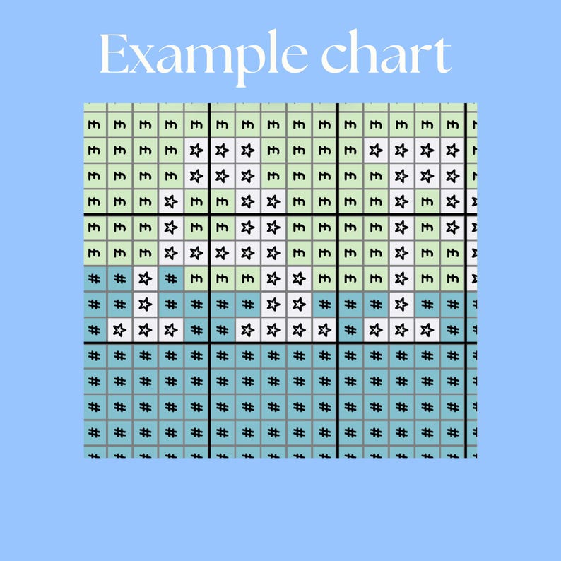 May include: A cross-stitch chart with a light blue background. The chart features a grid of squares with symbols including numbers, stars, and hash marks. The text "Example chart" is at the top in a white, stylized font.