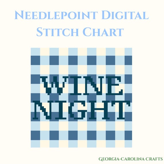Wine Night Needlepoint Pattern PDF | Blue Gingham Needlepoint Chart | Bar Cart Decor Instant Download