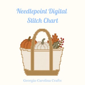 Könnte beinhalten: Ein digitales Stickmuster-Diagramm mit einer verpixelten Tragetasche, gefüllt mit einem orangefarbenen Kürbis, einem weißen Kürbis, Herbstblättern und roten Beeren. Der Text lautet Needlepoint Digital Stitch Chart und Georgia-Carolina Crafts.