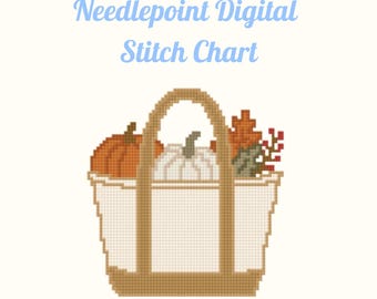 May include: A digital needlepoint stitch chart featuring a pixelated tote bag filled with an orange pumpkin, a white pumpkin, autumn leaves, and red berries. The text reads Needlepoint Digital Stitch Chart and Georgia-Carolina Crafts.