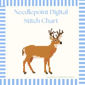 May include: Digital needlepoint stitch chart featuring a pixelated deer in shades of brown and tan. The deer has large antlers and is set against a white background with blue striped borders. Text reads "Needlepoint Digital Stitch Chart".