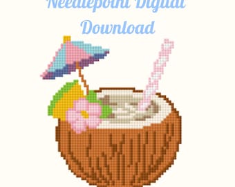 May include: A digital needlepoint design of a coconut drink with a pink and blue umbrella, a pink flower, and a straw. The text "Needlepoint Digital Download" and "Georgia-Carolina Crafts" are in the image.