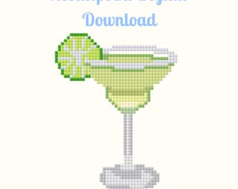May include: Digital needlepoint download featuring a pixelated margarita cocktail with a lime wedge. The drink is in shades of green and white, with a white rim and stem. Text at the top reads "Needlepoint Digital Download" and at the bottom "Georgia-Carolina Craft."