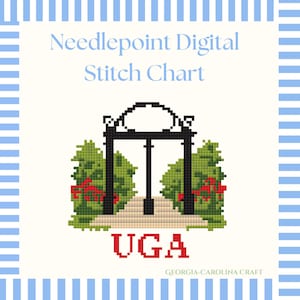 May include: Needlepoint digital stitch chart featuring a black archway with green trees and red bows. The letters "UGA" are in red below the archway. The design is on a white background with a blue and white striped border.