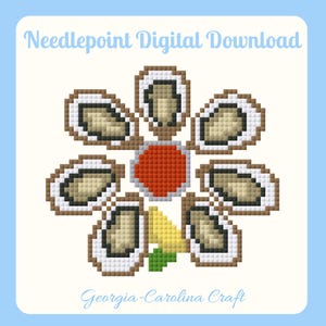 May include: Digital needlepoint pattern featuring a floral design with a red center and petal-like shapes in shades of brown, white, and tan. The design includes a yellow and green element. Text reads "Needlepoint Digital Download" and "Georgia-Carolina Craft."