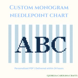 May include: A custom monogram needlepoint chart featuring the letters ABC in dark blue cross-stitch style against a background of vertical light blue and white stripes. The text CUSTOM MONOGRAM NEEDLEPOINT CHART appears at the top.