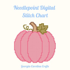 Op de afbeelding: Een digitaal naaldpunt-steekpatroon met een gepixelde roze pompoen met een bruine steel, een groen blad en een rank. De tekst "Needlepoint Digital Stitch Chart" staat bovenaan en "Georgia-Carolina Crafts" staat onderaan de afbeelding.