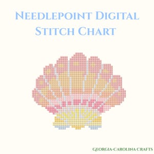 May include: A digital needlepoint stitch chart featuring a pixelated seashell design in shades of pink, yellow, and white. The text "NEEDLEPOINT DIGITAL STITCH CHART" is in light blue. The Georgia-Carolina Crafts logo is at the bottom.
