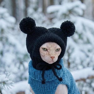 Gorro de gato de punto con pompones, talla Sphynx y Breed Fit