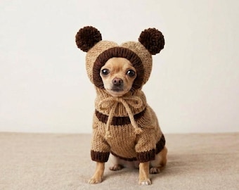 Dubbele gehaakte hondenmuts met pompons, oren bedekt - warme muts voor kleine honden