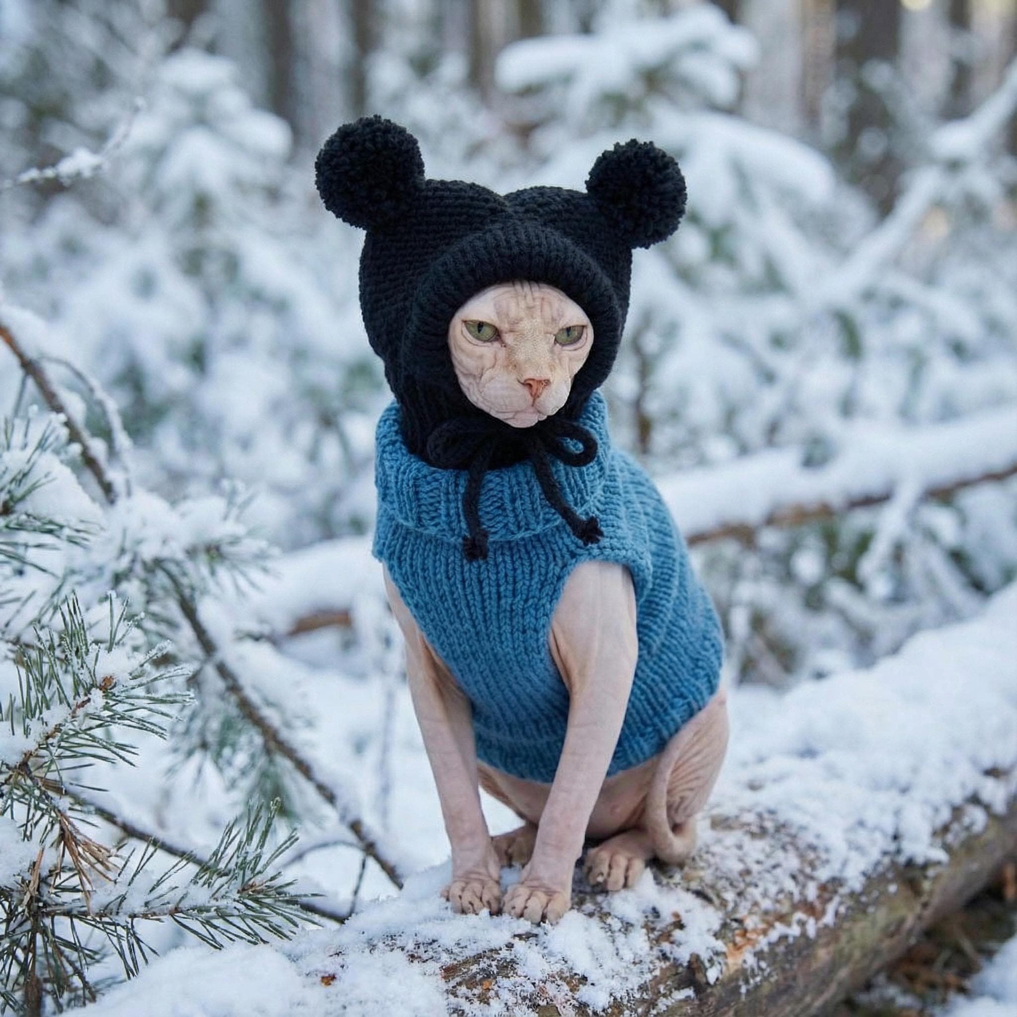 andwang/Fluffy cat knit hat/ニット帽 Knitted Cat Hat With Pom Poms, Sphynx and Breed Fit - Etsy