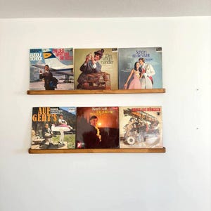 May include: Two wooden shelves with a collection of vintage vinyl records. The records have various titles and artists, including "Rudolf Schock", "Ein Lied", "Der Vogelhandler", "Schon ist die Welt", "Auf Geht's", "Karl Gott", and "Grosses aus Wien".